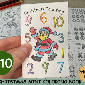 Puede incluir: Un mini libro de colorear de Navidad imprimible con una ilustración de Papá Noel y los números del 1 al 10. El libro está diseñado para que los niños puedan colorear y contar.