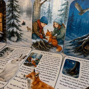 May include: Illustrated cards showing winter scenes with animals and children. The cards depict a snowy forest, a fox, an owl, and a rabbit. Text on the cards describes winter adventures.