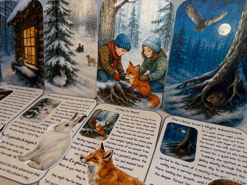May include: Illustrated cards showing winter scenes with animals and children. The cards depict a snowy forest, a fox, an owl, and a rabbit. Text on the cards describes winter adventures.