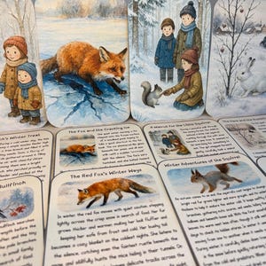 May include: A series of watercolour illustrations depicting winter scenes. Images include children, animals, and text. Scenes include a fox on ice, children with a squirrel, and a rabbit. Text includes titles such as "The Bullfinch's Winter Treat."
