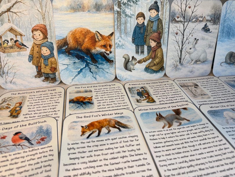 May include: A series of watercolour illustrations depicting winter scenes. Images include children, animals, and text. Scenes include a fox on ice, children with a squirrel, and a rabbit. Text includes titles such as "The Bullfinch's Winter Treat."