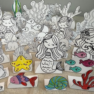 Mermaids Coloring Play Set, Ocean Coloring Diorama, Underwater Coloring Paper Dolls, Sea Animal Coloring Pages, DIY Kids Paper Scene Craft