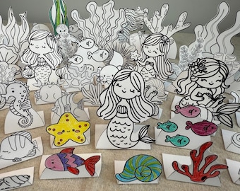 Mermaids Coloring Play Set, Ocean Coloring Diorama, Underwater Coloring Paper Dolls, Sea Animal Coloring Pages, DIY Kids Paper Scene Craft