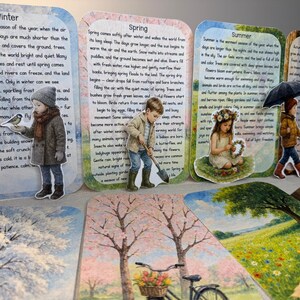 May include: A collection of illustrated cards depicting the four seasons: Winter, Spring, Summer, and Autumn. Each card features a child illustration and descriptive text about the season. The cards are arranged on a light-colored surface.
