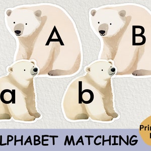 Cartões de correspondência de letras do urso polar, atividade de reconhecimento do alfabeto, jogo para impressão ABC do jardim de infância Montessori, letras maiúsculas e minúsculas