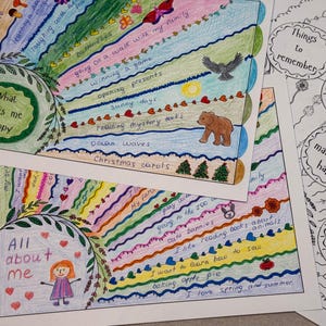 May include: Hand-drawn art prints with colorful text and illustrations. One print says "What makes me happy" with drawings of a bear, bird, and ocean waves. Another says "All about me" with a drawing of a girl.