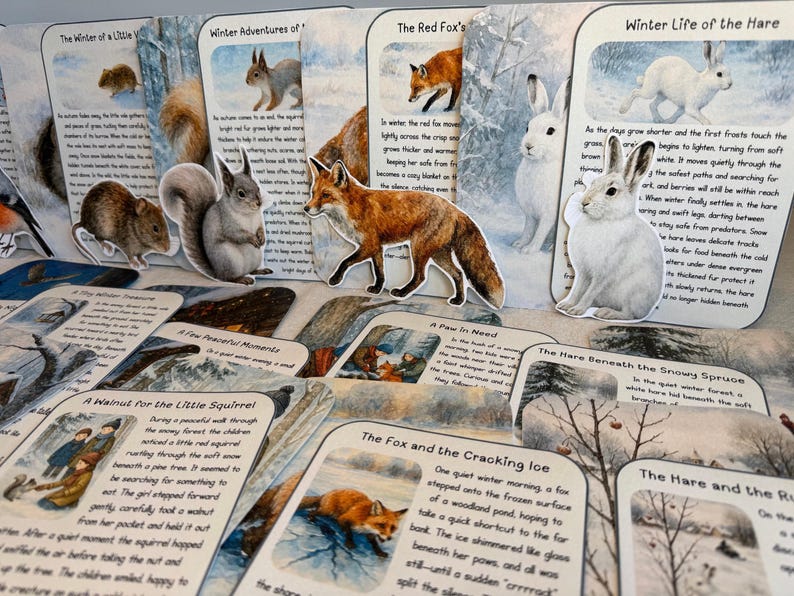 May include: A selection of illustrated cards depicting winter scenes with animals like foxes, squirrels, and hares. Each card has a title and text, forming a narrative. The cards are displayed on a light surface.