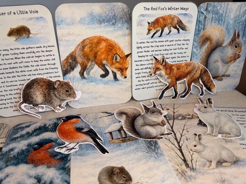 May include: A selection of animal illustrations, such as a red fox, squirrel, vole, and rabbit, displayed on a winter scene. The images are accompanied by text describing the animals' winter behaviours. Measurements are not applicable.
