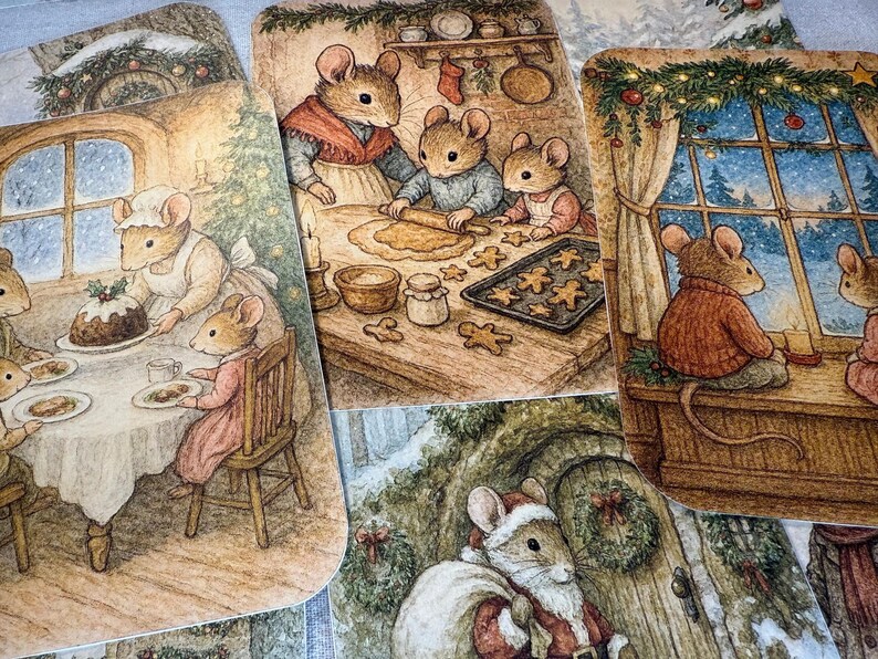 May include: A collection of Christmas-themed illustrations featuring anthropomorphic mice. Scenes include baking gingerbread cookies, enjoying a holiday meal, and admiring a snowy winter landscape. The artwork has a warm, inviting color palette.