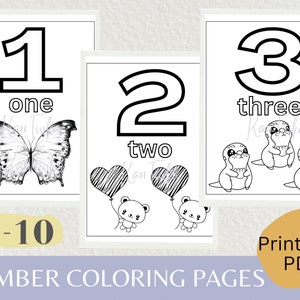1-10 Numbers Printable Coloring Page Worksheets, Number Coloring Sheets for Kids, Coloring Book, Preschool Activity, Kindergarten