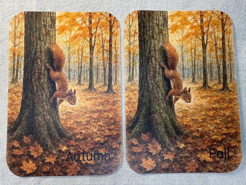 May include: Two rectangular cards with autumn-themed illustrations. Each card features a brown squirrel climbing a tree in a forest with orange and yellow foliage. One card reads "Autumn" and the other reads "Fall".