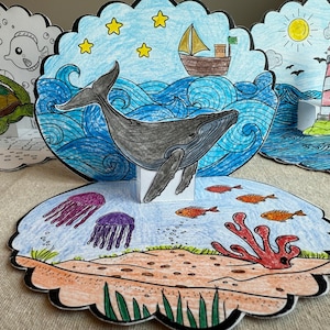 Whale Turtle Lighthouse Coloring, Summer DIY Kids Paper Craft, Underwater Pretend Play, Color and Cut, Build a Sea Scene, Pop up Ocean Card