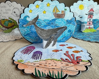 Whale Turtle Lighthouse Coloring, Summer DIY Kids Paper Craft, Underwater Pretend Play, Color and Cut, Build a Sea Scene, Pop up Ocean Card