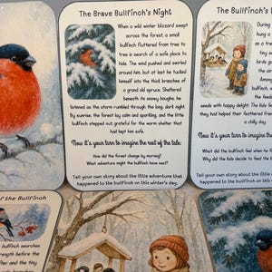 May include: Illustrated cards with a bullfinch, winter scenes, and text. The cards show a bullfinch in a blizzard, children feeding birds, and the bird's winter adventures. The text includes prompts for storytelling about the winter season.