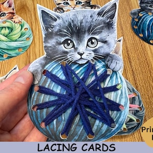 Kitten Lacing Cards, Animal Lacing Game, Preschool Fine Motor Activity, Hand Eye Coordination Practice, Educational Game, Kid Craft Activity
