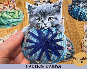 Tarjetas de encaje con forma de gatito, juego de encaje con forma de animal, actividad de motricidad fina para preescolar, práctica de coordinación mano-ojo, juego educativo, actividad de manualidades para niños