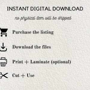 May include: Cream-colored graphic with the text "INSTANT DIGITAL DOWNLOAD" and instructions for purchasing and using digital files. Includes icons for a shopping cart, download arrow, printer, and scissors. The text states that no physical item will be shipped.