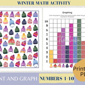 Winter Count and Graph Worksheets, Winter Math Activity, Counting 1-10, Count and Color, Numbers Learning, Printable Math Game, Object Count