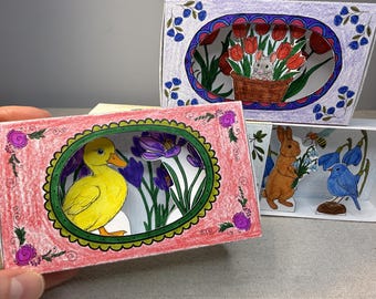 Manualidad con caja de escena primaveral, diorama para colorear, caja de cerillas, minimundo, proyecto de arte, crea el tuyo propio, juguete de papel para niños, narración de cuentos, imprimible en 3D