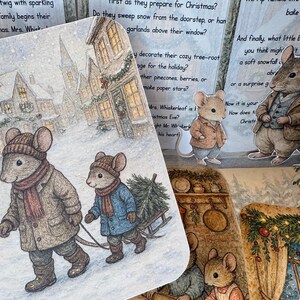 May include: A whimsical illustration depicts two mice in winter attire, walking through a snowy village. One mouse pulls a small sled with a Christmas tree. The scene evokes a cozy, festive holiday theme.