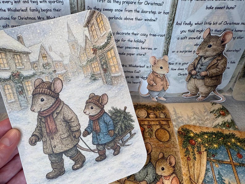 May include: A whimsical illustration depicts two mice in winter attire, walking through a snowy village. One mouse pulls a small sled with a Christmas tree. The scene evokes a cozy, festive holiday theme.