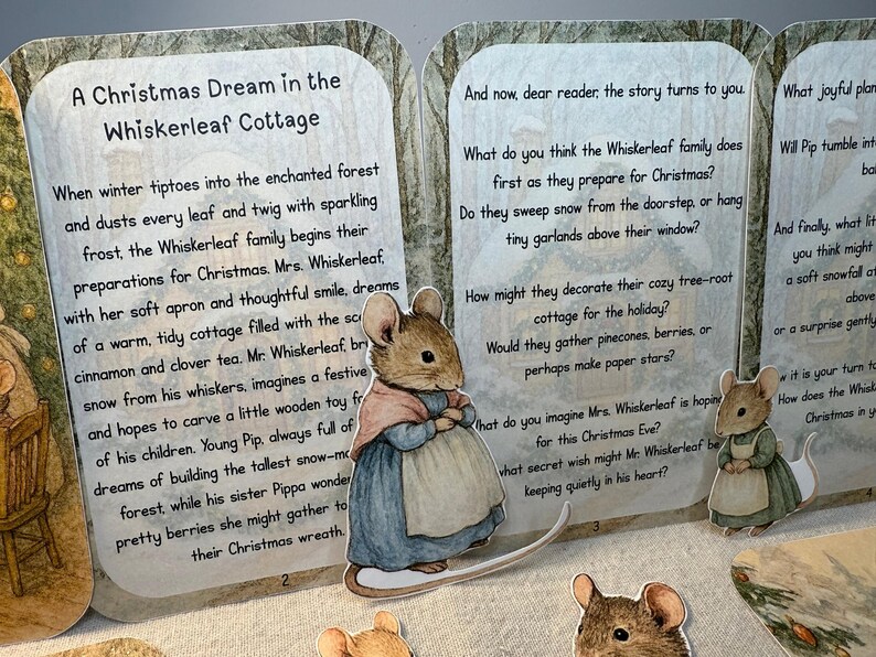 May include: A Christmas-themed children's book spread open, featuring illustrations of mice and text. The text describes the Whiskerleaf family's Christmas preparations. The illustrations include a mouse wearing a dress and apron.
