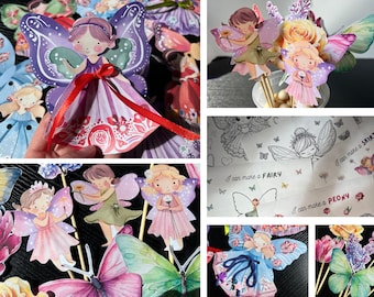 May include: A set of colourful fairy and butterfly paper crafts. The fairies are wearing dresses with floral patterns and have wings. The butterflies have colourful wings with intricate details. The crafts are perfect for a children's party or craft project.