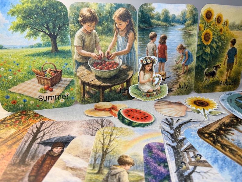 May include: A collection of seasonal art cards featuring children in various outdoor settings. Scenes include a picnic, children by a river, sunflowers, and a winter scene. Additional elements include a watermelon slice and a seashell.