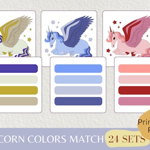 Carte di abbinamento dei colori dell'unicorno, attività di riconoscimento dei colori, gioco di abbinamento per la scuola materna, gioco stampabile per bambini, schede di lavoro per l'apprendimento