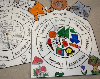 Ruota dei giorni della settimana, set da gioco da colorare del bosco, ruota del calendario, lavoretti fai da te con la carta per bambini, Circle Time, calendario Montessori, strumento di apprendimento