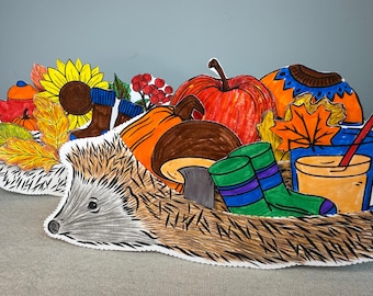 Autumn Fall Hedgehog Craft Coloring, Woodland Forest DIY Kids Paper Craft, Pretend Play, Color and Cut Animal Paper Puppets Kids Art Project
