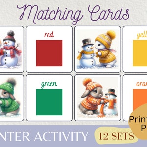 Jogo de correspondência de cores de inverno, atividade de correspondência de inverno, cartões de correspondência de cores, aprendizagem de cores, jogo de correspondência pré-escolar, atividade para impressão