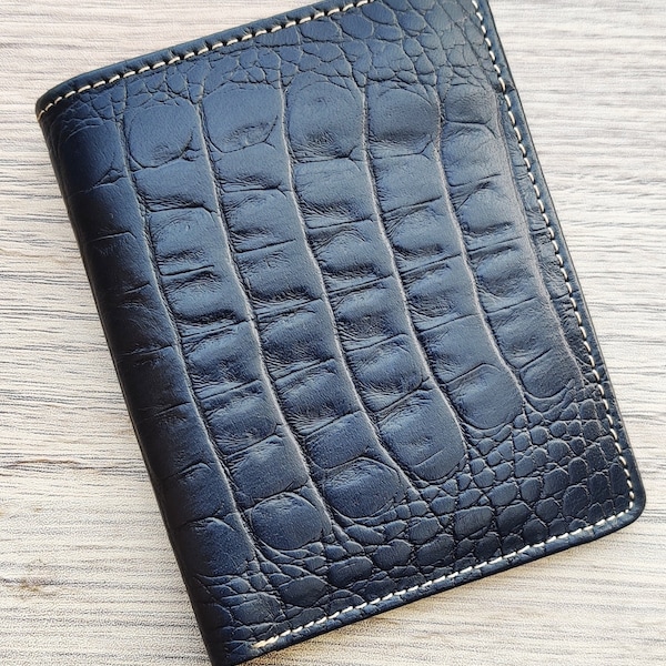 Navy Blue Genuine Alligator Leather Skin Bifold Wallet, Handmade Wallet, Premium Exotic Quality Leather Wallet, Wallet for him