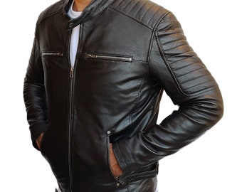Black sheepskin biker jacket sales