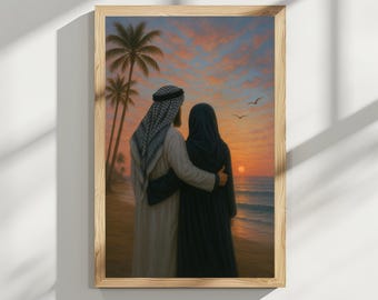 Islamic Couple Art Print: Sunset Embrace, Muslim Home Decor