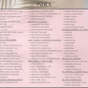 May include: A pink and white index page with a list of printable planner and tracker templates. The list includes categories such as financial trackers, household management, health and fitness, entertainment and leisure, travel planning, wellness and self-care, and planning and achieving goals.