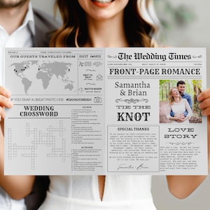 Puede incluir: Un anuncio de boda al estilo de un periódico antiguo. El titular dice "Romance de primera plana" y presenta los nombres de la pareja, Samantha y Brian, y una foto de ellos. El anuncio incluye un crucigrama, un mapa que muestra de dónde viajaron los invitados y una historia de amor sobre la pareja.
