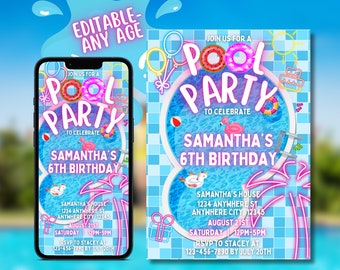 Pool Party Editable Invitation, Summer Birthday Party Evite, Text Invitation, Pool Party Invitation, Electronic Invite, Digital Invitation