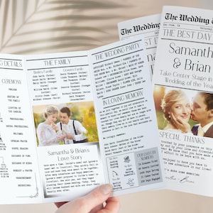 May include: A wedding programme printed on newspaper-style paper with a black and white design. The programme includes a timeline of the wedding day, a list of the wedding party, a love story, and a special thanks section. The programme features a photo of the bride and groom.