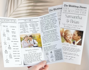 Trifold Newspaper Wedding Program, Canva Template, Printable Wedding Programs, Timeline Template, Fun Wedding Program, Editable Newspaper