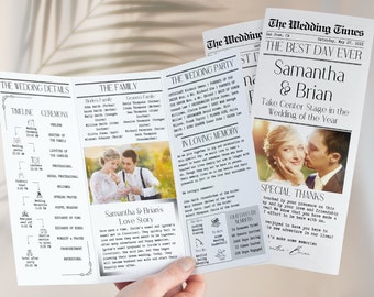Trifold Newspaper Wedding Program, Canva Template, Printable Wedding Programs, Timeline Template, Fun Wedding Program, Editable Newspaper