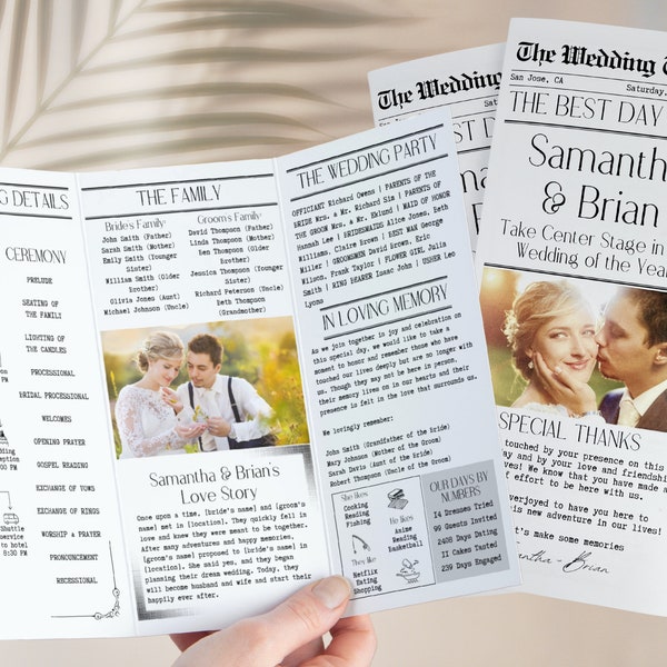 Trifold Newspaper Wedding Program, Canva Template, Printable Wedding Programs, Timeline Template, Fun Wedding Program, Editable Newspaper