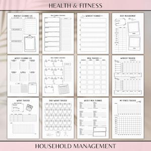 May include: Printable planner pages for health and fitness tracking. Includes pages for meal planning, workout tracking, weight tracking, and body measurements.  The pages are black and white with a simple design.