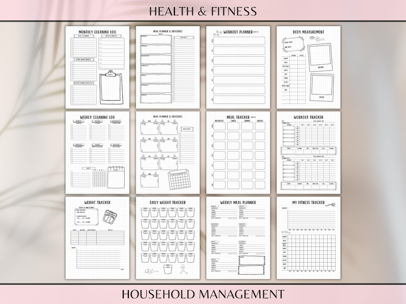 May include: Printable planner pages for health and fitness tracking. Includes pages for meal planning, workout tracking, weight tracking, and body measurements.  The pages are black and white with a simple design.