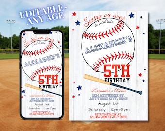 May include: Baseball-themed birthday party invitation with a white background and a red, white, and blue baseball graphic. The text "Swing on over to celebrate Alexander's 5th Birthday" is written in red and blue cursive font. The invitation includes the date, time, and location of the party.