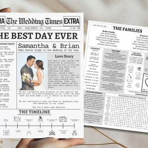 May include: A wedding announcement in the style of a vintage newspaper. The front page features a photo of the bride and groom, a timeline of the wedding day, and the wedding party. The back page includes the families of the bride and groom, the menu, and a wedding word search.