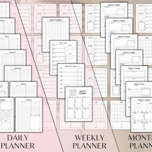 May include: A set of printable planner pages in black and white. The pages are divided into three categories: daily, weekly, and monthly. Each category has a variety of templates to choose from, including daily planners, weekly planners, and monthly calendars.