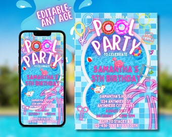 Pool Party Editable Invitation, Summer Birthday Party Evite, Text Invitation, Pool Party Invitation, Electronic Invite, Digital Invitation