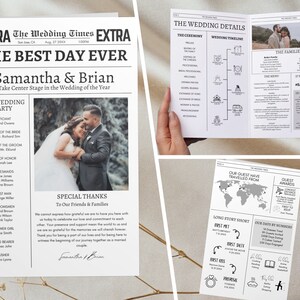 May include: A newspaper-style wedding program with the headline "THE BEST DAY EVER" and the names "Samantha & Brian." The program includes wedding details, a timeline, family information, and a world map showing guest locations. The overall design is black and white.