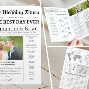 May include: A wedding announcement in the style of a newspaper. The front page features a photo of the bride and groom, their names, and the date of the wedding. The inside pages include details about the wedding party, the ceremony, and the reception. The announcement also includes a map showing where guests have traveled from and a wedding word search.